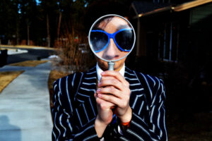 blue sunglasses and magnifying glass