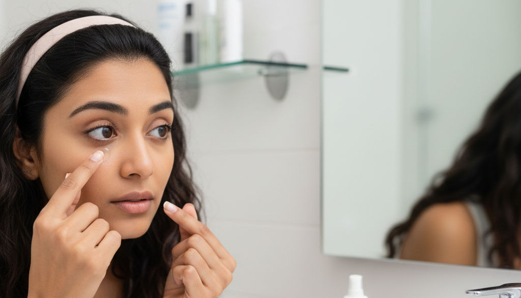 woman changing contact lenses